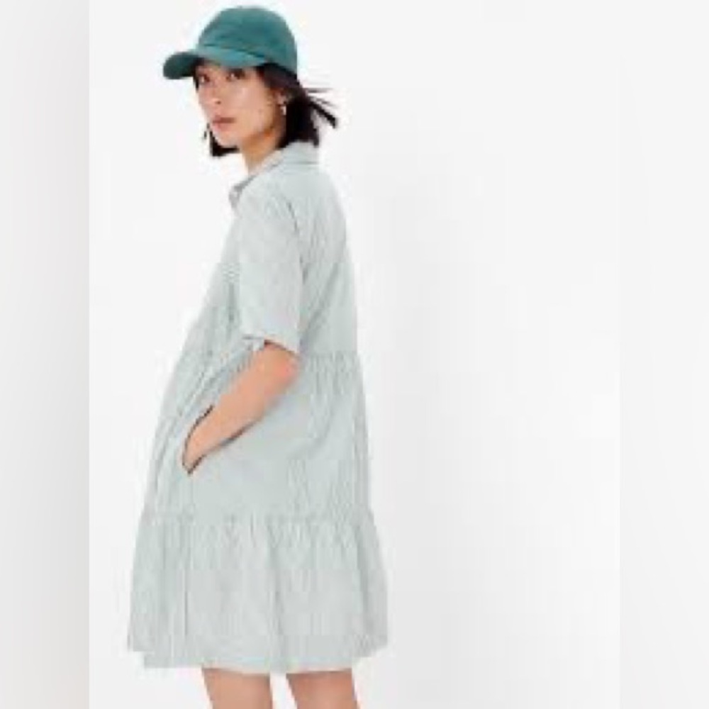 GAP Tiered Mini Shirtdress in Olive Green Stripe M